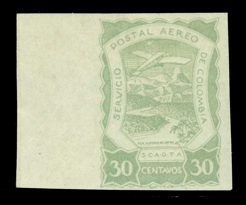 COLÔMBIA 1921 Correio Aéreo SCADTA 30c verde pálido IMPERFURADO - Sc# C29var perfeito estado MH XF - Imagem 1 de 2