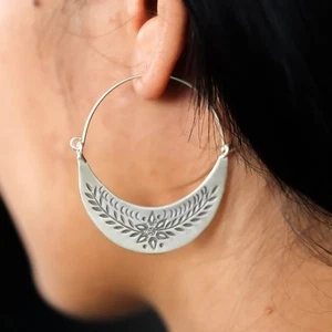 925 Sterling Silver Large Hoop Earrings Tribal Floral Boho Ethnic Hippie Gift - Picture 1 of 5