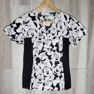 Disney Womens Small Tooniforms Scrub Top Minnie Mouse V Neck Black White Medical - Picture 1 of 6