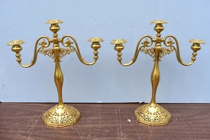 Vintage Pair of 3 Light Candelabra, All Gold Finish, 16 3/4" (CU457) chalice co. - Picture 1 of 16