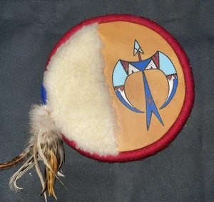 Vintage 7” Hopi Freebies Disk Wall Art Leather Wood Wool Signed By EJC - Picture 1 of 7