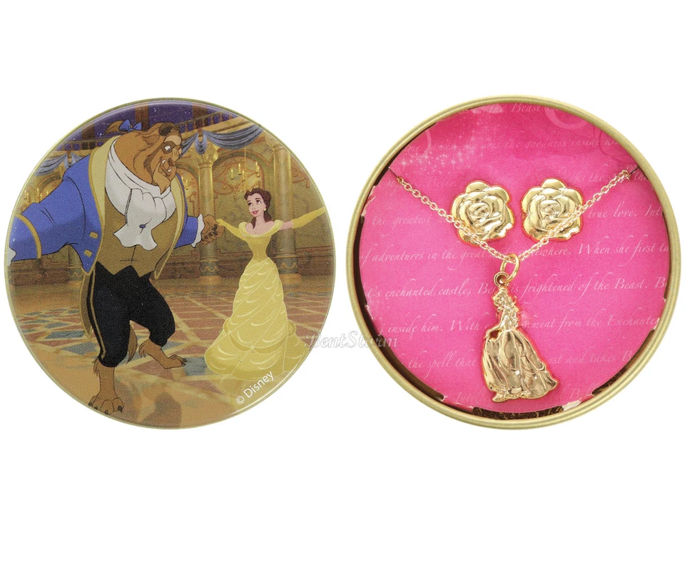 NUEVO La Bella y la Bestia Princesa Bella ROSA COLLAR Y PENDIENTES SET DE REGALO LATA Foto 1 de 1