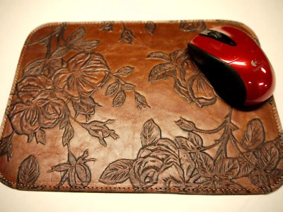 Leather Mouse Pad Floral Unique Design Made in USA Light Brown - Image 1 of 3