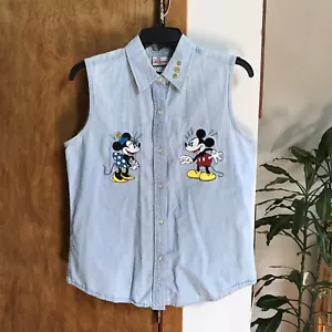 Vintage Mickey & Minnie Mouse Chambray Denim Jean Sleeveless Shirt Disney Medium - Picture 1 of 7