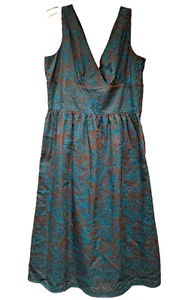 RW & Co 6 Sm Cotton Silk Dress Sleeveless, Teal And Brown Floral V Neck - Picture 1 of 5