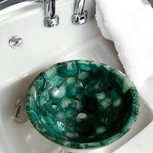 12" Green Agate Gemstone Round bathroom Vanity Wash Basin Top Handmade Decor - Picture 1 of 7