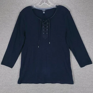Chaps Womens Cotton Top Large Dark Blue Criss Cross Lace Up Nautical 3/4 Sleeve - Picture 1 of 9