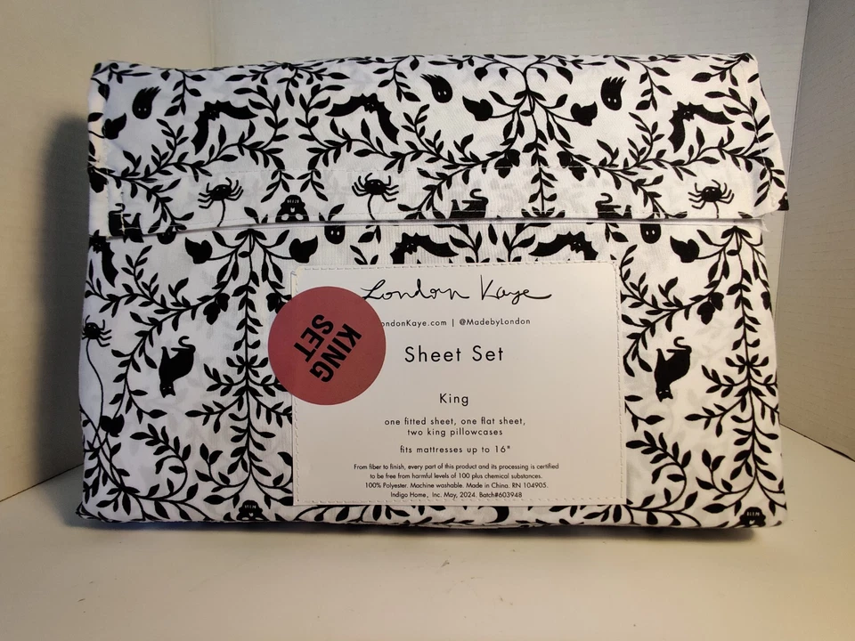 Juego de sábanas de Halloween London Kaye Spooky Vines calavera murciélagos fantasmas gatos rey Foto 1 de 1