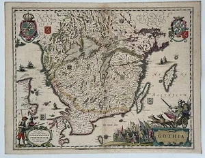 1641 Joan Blaeu Gothia Antique Map of Southern Sweden. Decorative Cartouche Rare - Picture 1 of 14