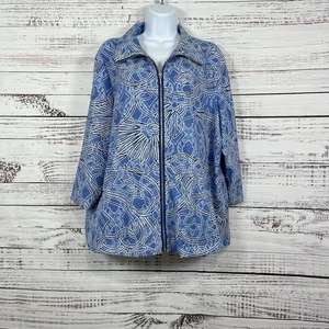 Chico’s Weekends Jacket Womens Size 3 XL Blue Print Zipper Front 3/4 Sleeve - Picture 1 of 14