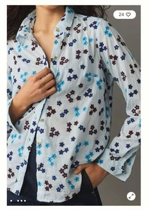 Camicia Anthropologie Maeve piccola top ricamata buttondown floreale azzurro - Foto 1 di 3