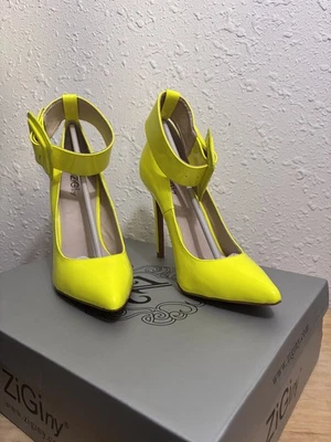 ZiGiny Pauline женщин лакированная кожа неоновый желтый каблук на шпильке с пряжкой 7 М - Изображение 1 из 4