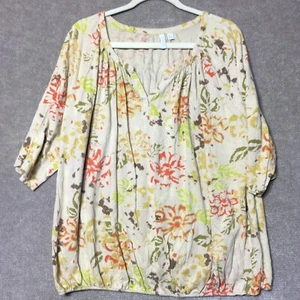 RELATIVITY Womens 3X Blouse Beige Floral V Neck Elastic Waist Casual Comfortable - Picture 1 of 11