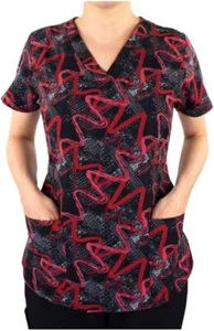 Maevn Women's Print Scrub Top 1767 AWV Abstract Zigzag V-Neck Sizes XS to XL - Picture 1 of 2