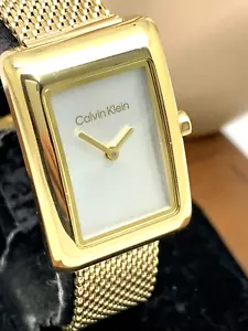 Calvin Klein Women's Watch Silver Dial Quartz Gold Mesh Steel Band Tank 23mm - Picture 1 of 12