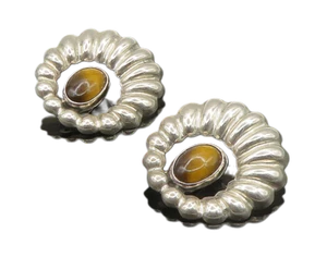 MEXICO 925 Sterling Silver Vintage Tiger's Eye Fluted Drop Earrings EG11476 - Picture 1 of 6