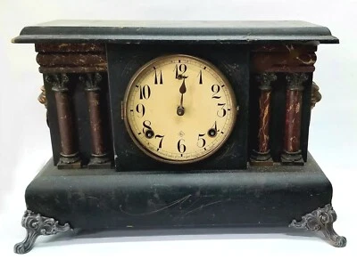 Gilbert Clock Co. 1896 Antique Mantel Clock, Brass Movements & Lion Head Handles - Image 1 of 4