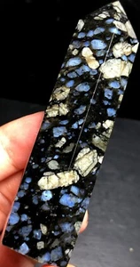 85g  Blue Spots Que Sera Stone Reiki Quart CRYSTAL WAND POINT Healing  k951 - Picture 1 of 7
