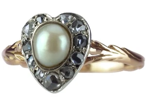 Historismus 585 Gelb Gold Natur Perle 0,20 ct Diamant Damen Herz Verlobung Ring! - Bild 1 von 7