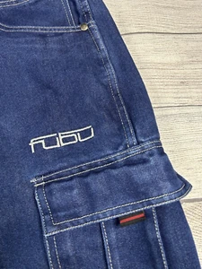 Vtg FUBU The Collection Carpenter Jeans Mens 36x34 Blue Baggy Denim Cargo Y2K - Picture 1 of 23