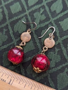 Vintage Antique Brass Flower Ruby Red Round Jewel Stone Handmade Art Earrings - Picture 1 of 5