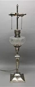 Fine Antique 32.5" AMERICAN BRILLIANT Cut Glass & Silver Oil Lamp  Electrified - Picture 1 of 10