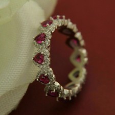 925 Silver Heart Simulated Pink Ruby Eternity Band Ring In 14k White Gold Plated