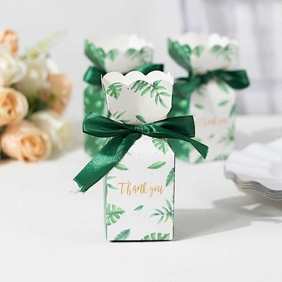 25 cajas de regalo con estampado de hojas BLANCO VERDE con cinta de satén fiesta eventos Foto 1 de 4