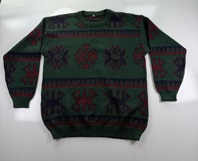 Suéter Tejido Azteca Geométrico Vintage Años 90 Verde Rojo Patrón Cuello Redondo Talla Grande Foto 1 de 4
