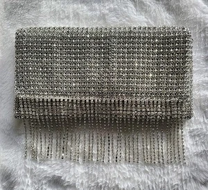 Rhinestone Purse Clutch Evening Bag Formal Prom Silver Bling Sparkle Fringe - Picture 1 of 10