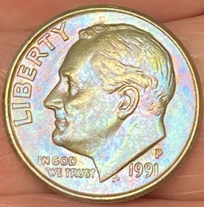 1991-P Roosevelt Dime Beautiful Brilliant Rainbow Toned Coin #5 - Picture 1 of 12