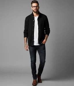 DKNY klassisch schwarz Knopf Reißverschluss Fronttaschen gerippter Strick Pullover Herren Medium - Bild 1 von 10