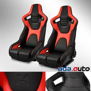 [Venom Series] Reclinable Black+Red PVC Carbon Fiber Leather Racing Seats Pair - Picture 1 of 10