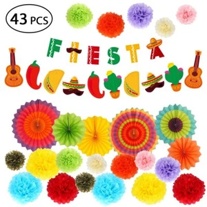 43PCS Mexican Party Decor Pack Hanging Paper Fans & Banner Cinco de Mayo Fiesta - Picture 1 of 9