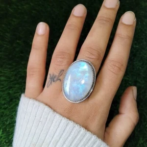 Regenbogen Mondstein Edelstein 925 Sterling Silber Ring alle Größen - Bild 1 von 6