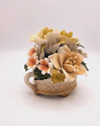 VINTAGE Capodimonte Style Bisque Porcelain Flower Basket VGC Coral, Yellow, Tan