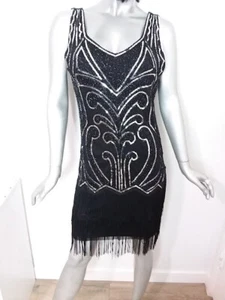 Flapper Medium Dress Black/Silver Fringe Sequins Sleeveless Knee Length 1920's - Picture 1 of 10