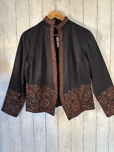 Neu mit Etikett Coldwater Creek schwarze Jacke Blazer vorne offen Blumen bestickt Gr. 14P - Bild 1 von 13