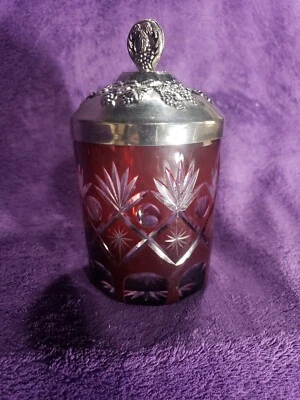 Vintage Ruby Glass Cut to Clear Jar w/ Chrome lid 5" - Image 1 of 4