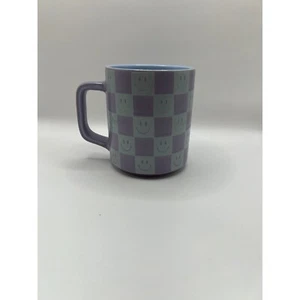 Nueva taza de café cara sonriente patrón a cuadros púrpura azul - Imagen 1 de 5