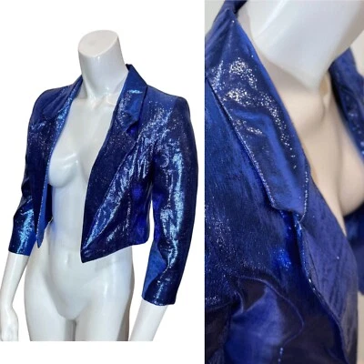 Vintage 90’s CROPPED METALLIC BLAZER XS Jacket Party Festival Glam Circus Blue - Imagem 1 de 4