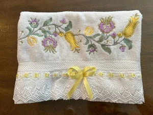Vtg Decorative Embroidered Towel Pink, Gold, Yellow & Lace Brocade Trim EUC - Picture 1 of 10