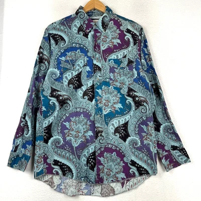 Vintage 90s Wrangler Large Paisley AOP Cowboy Cut Blue Western Long Sleeve - Image 1 of 4