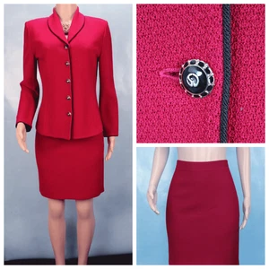 St John Collection Knit Pink Jacket Skirt L Size 10 2pc Suit Buttons Black Trim - Picture 1 of 9