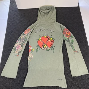 Vintage Ed Hardy Sweater Womens Medium Tattoo Floral Hoodie Love Luck Pullover - Picture 1 of 11