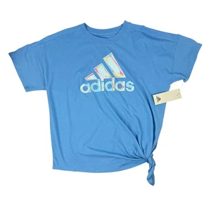 Adidas Girls 14 Large Crew Neck Short Sleeve Graphic T-Shirt Blue with Knot - Picture 1 of 9