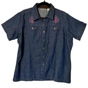 Vintage Wrangler Denim Sz XL Suede Collar Button Western Embroidered Top - Picture 1 of 14