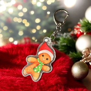 Gingerbread Bag Charm Keychain Key Fob Acrylic Christmas Gift Wave Cookie Smile - Picture 1 of 6