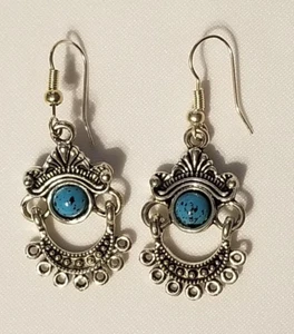 TURQUOISE PIERCED EARRINGS SILVER TONE STAINLESS STEEL WIRES - Picture 1 of 3
