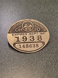 Vintage 1938 Ohio Registered Chauffeur Driver’s License Pinback Badge - Picture 1 of 6